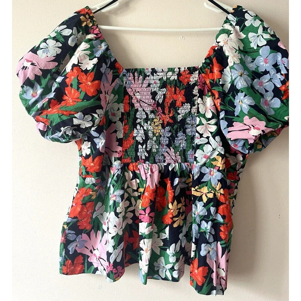 Old Navy Floral Puff Sleeve Peplum Top XXL Cotton Cottagecore Smocked